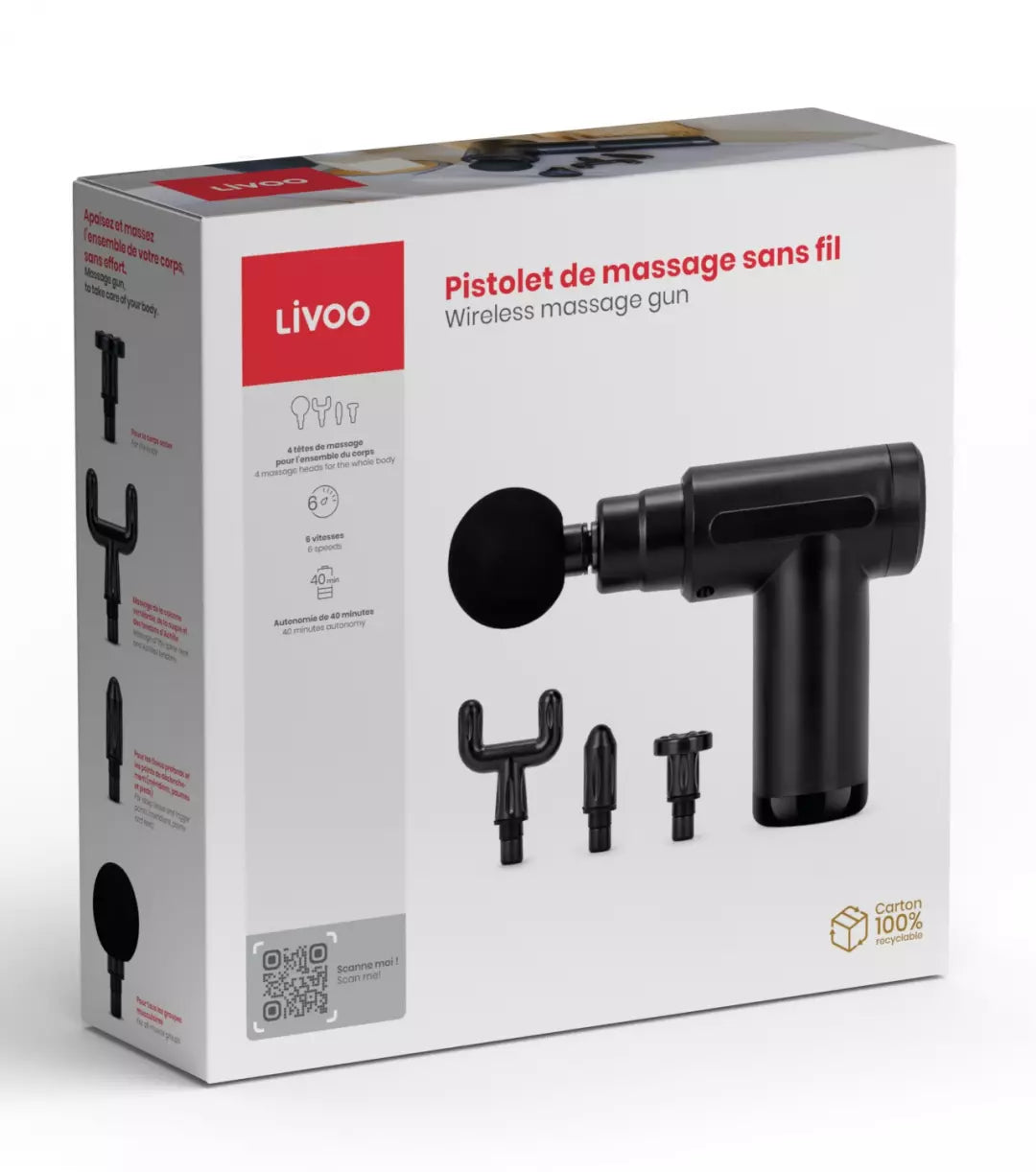 Pistolet de massage sans fil LIVOO DOS200 6 vitesses 4 embouts