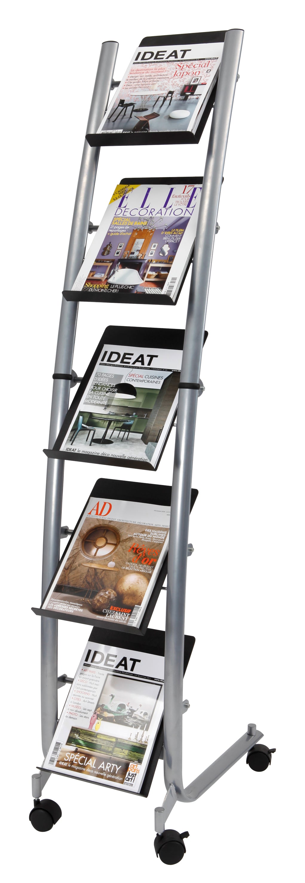Présentoir mobile sur roulettes,5 tablettes, pour A4 et 240x320mm