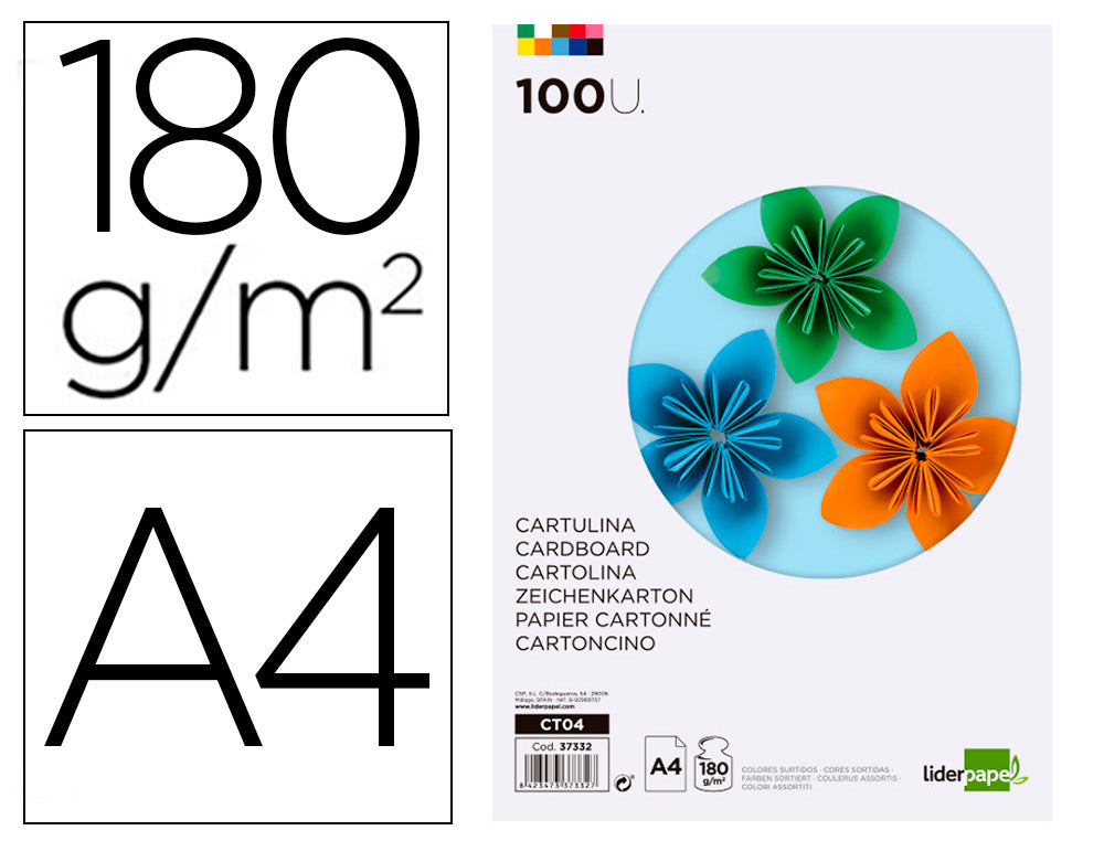 Papier cartonné a4 180g/m2 10 coloris assortis paquet 100 feuilles