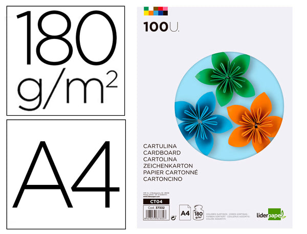 Papier cartonné a4 180g/m2 10 coloris assortis paquet 100 feuilles
