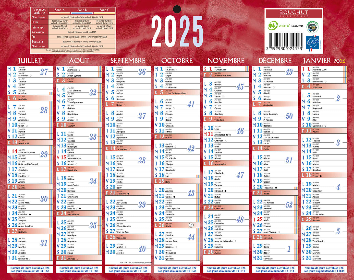 Calendrier mural 21x26.5cm rouge