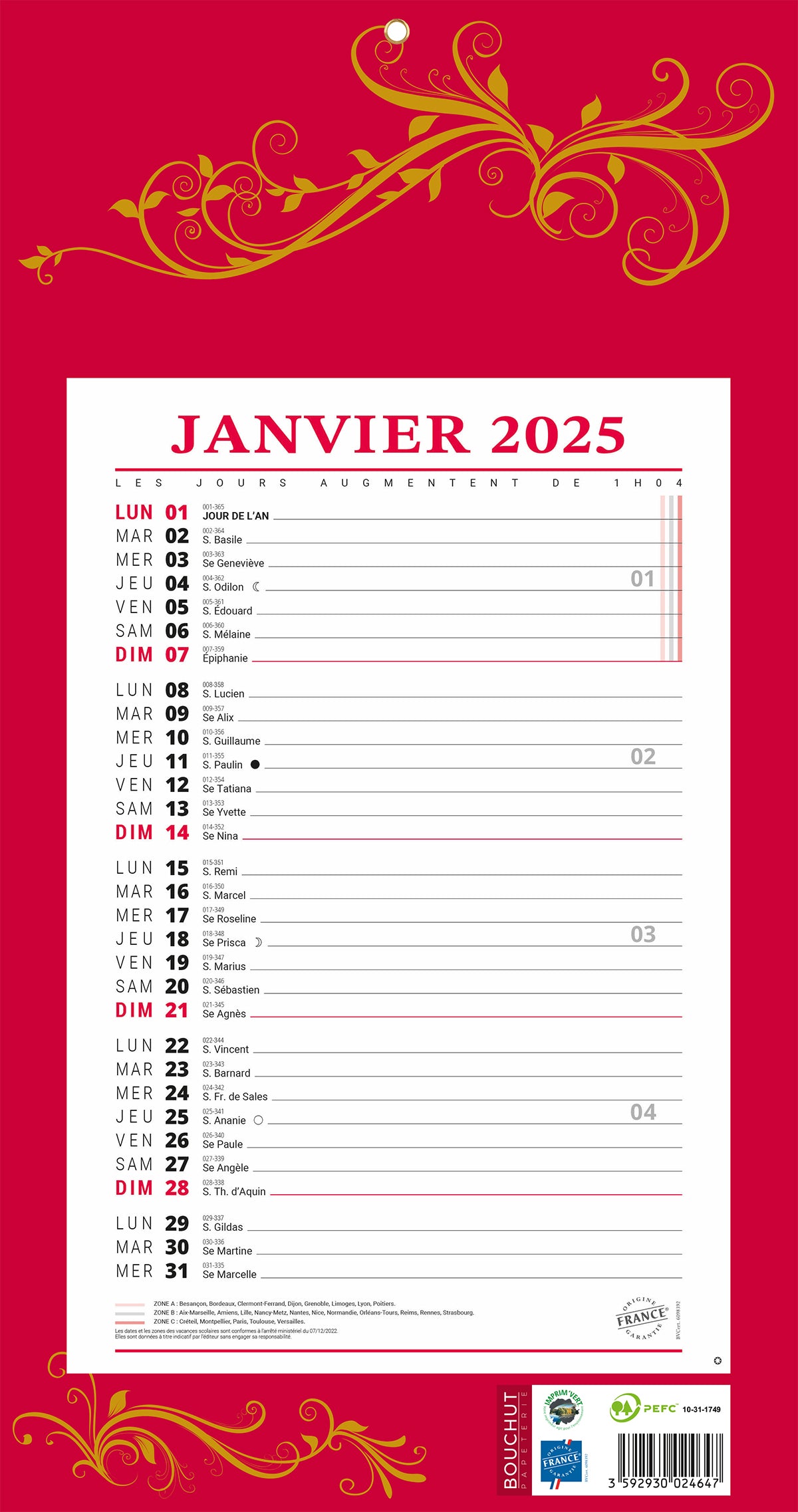BLOC MENSUEL 12F 19X36 ROUGE