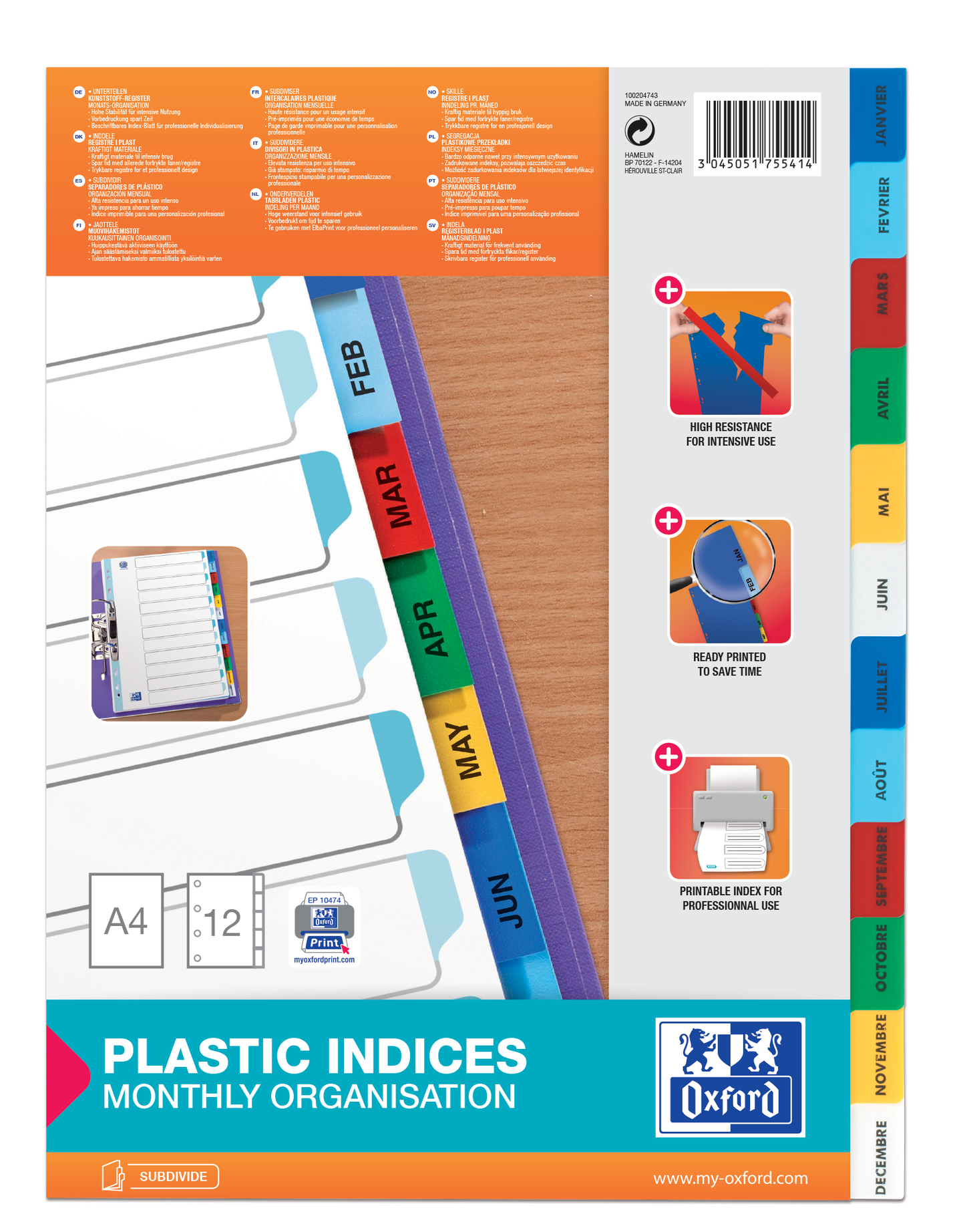 Intercalaires A4 mensuel 12 positions polypro couleur
