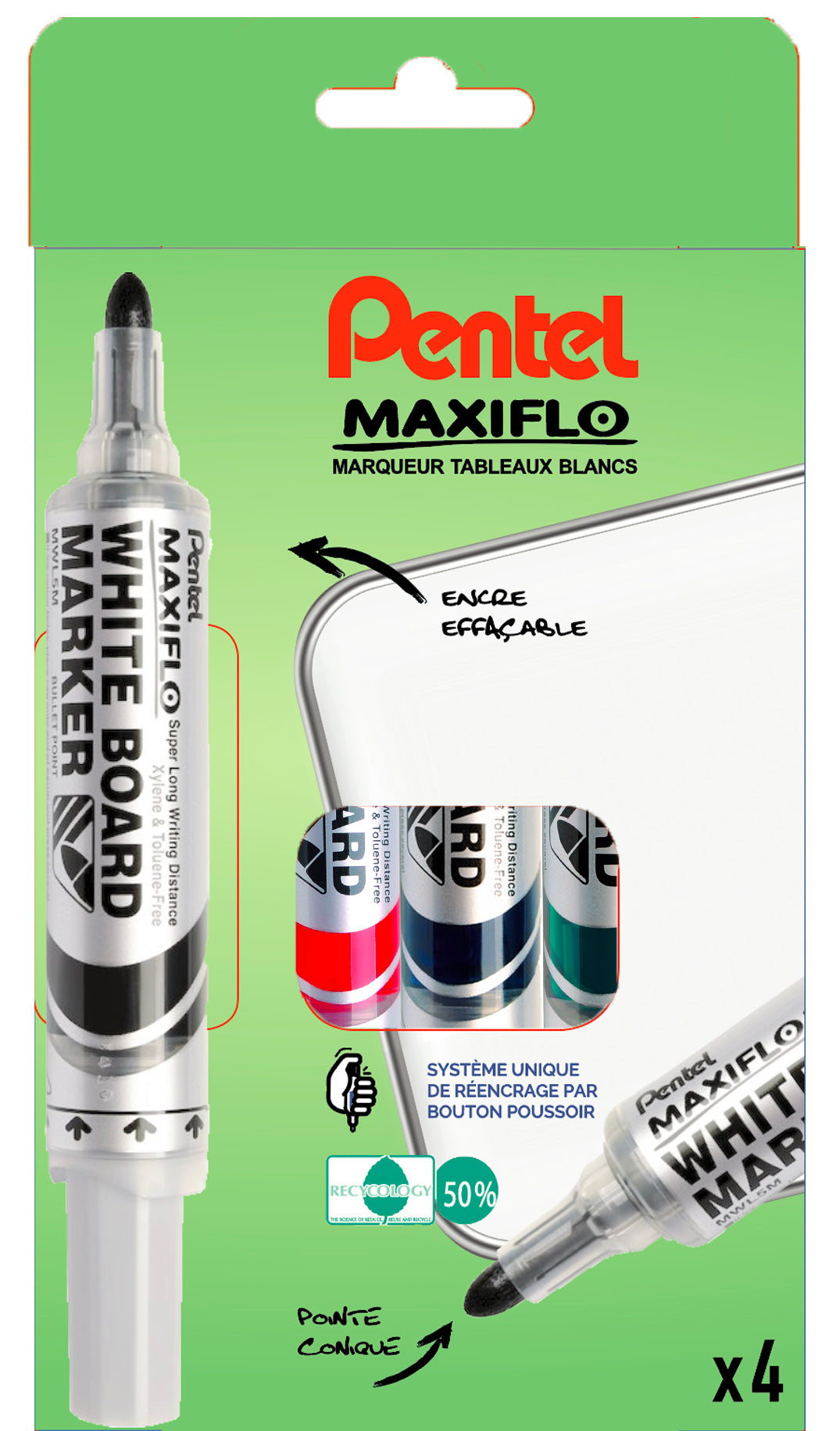 Marqueur tableau blanc maxiflo pointe ogive étui de 4 couleurs assorties