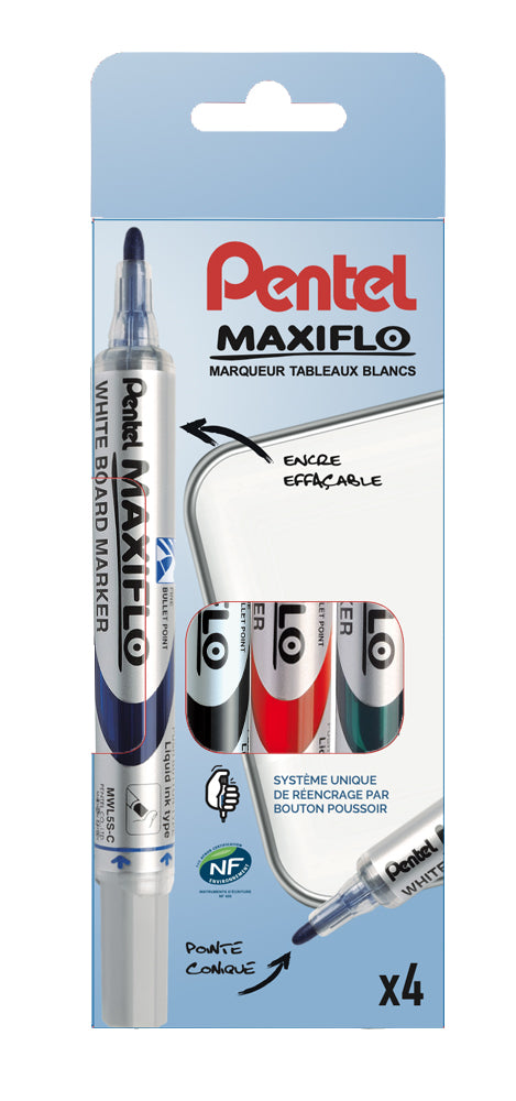 Marqueur tableau blanc maxiflo pointe ogive pochette de 4 couleurs assorties