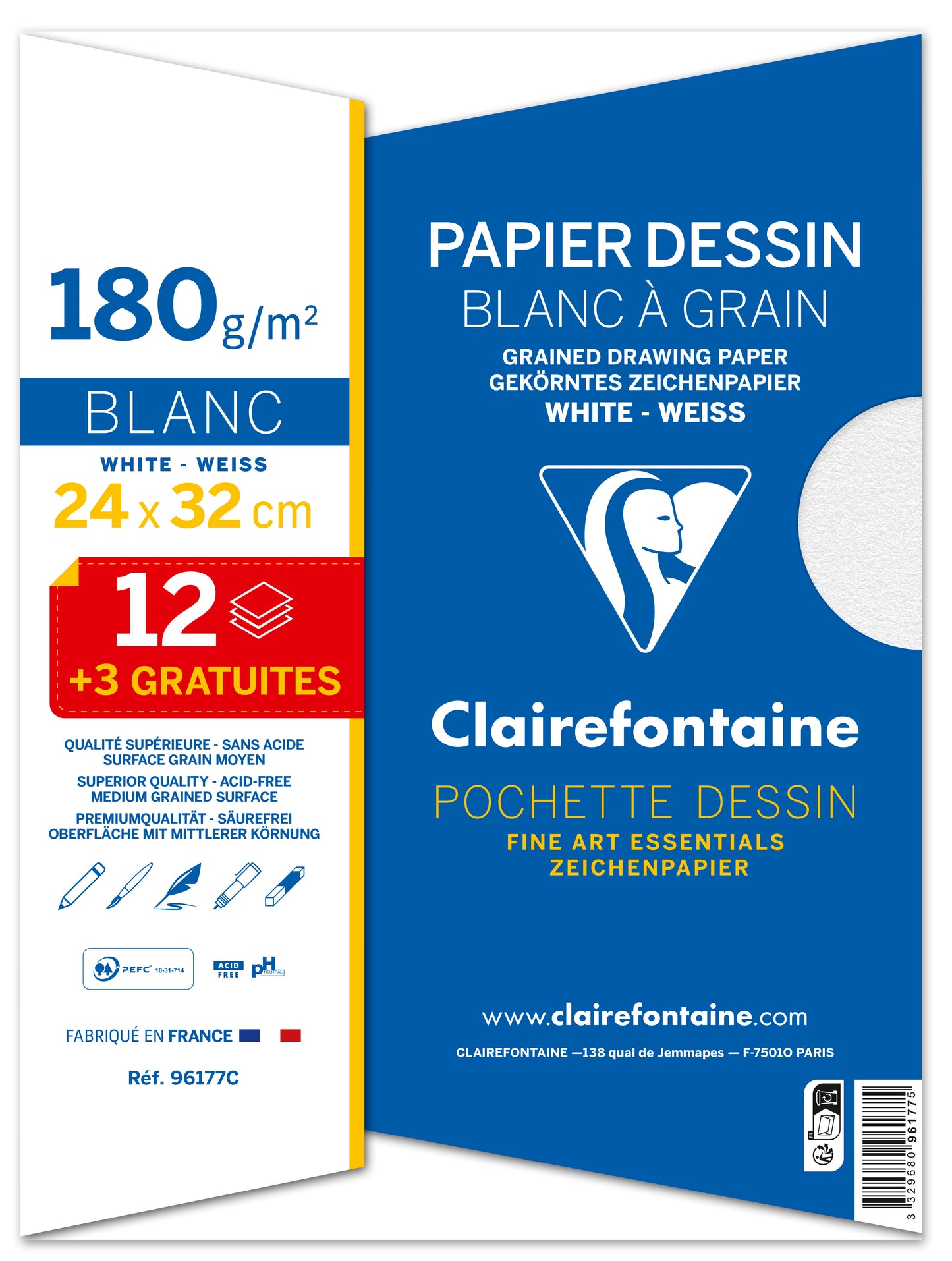 Papier dessin 24x32 -180g 12feuilles +3gratuites