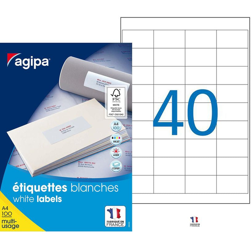 Etiquettes adhésives multi-usages A4 - 48,5x25,4 mm - 100 Feuilles - 4000 Etiquettes