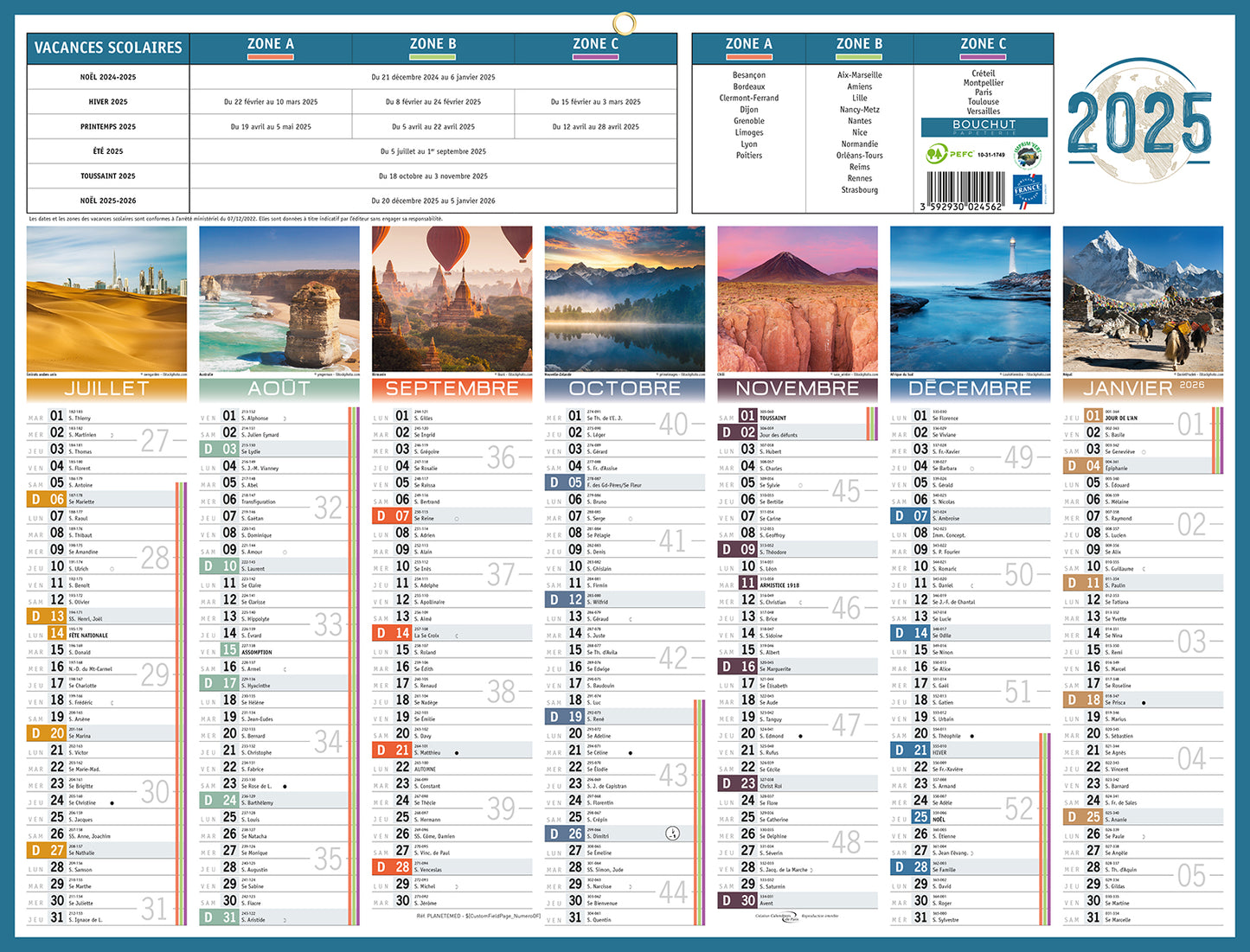 Calendrier mural 32x42 cm - design planétaire