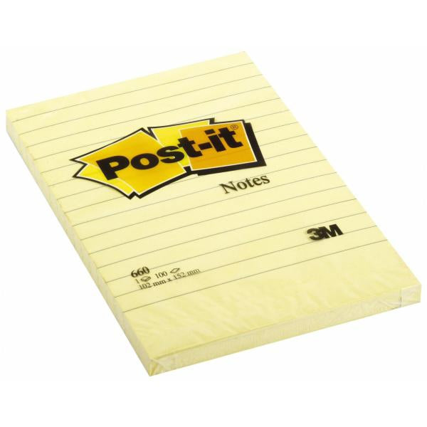 Bloc Post-it® 102x152 100 feuilles jaune réglure lignée