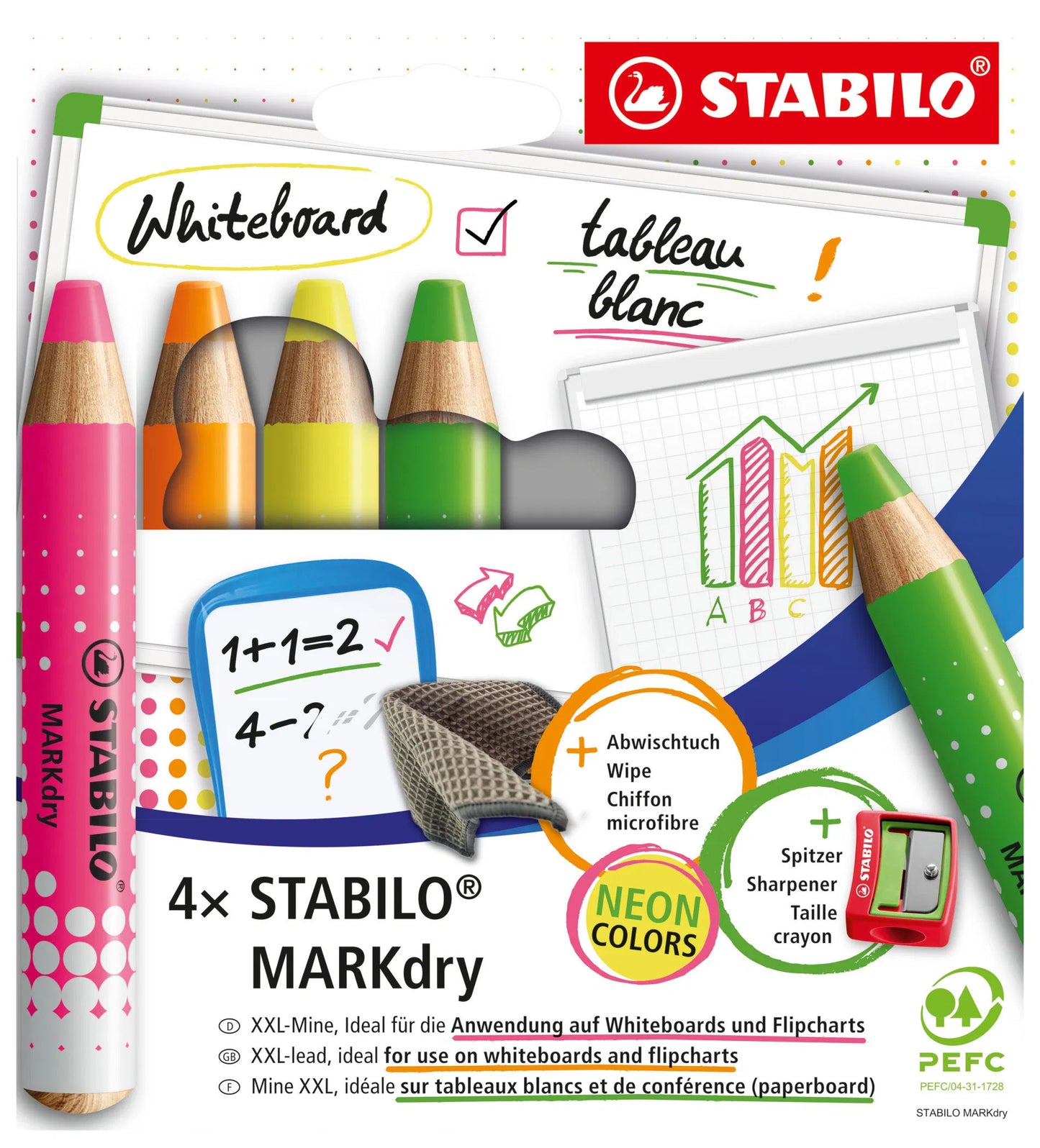 marqueurs tableau blanc effaçable mine sèche 10 mm - etui de 4 couleurs vives néon