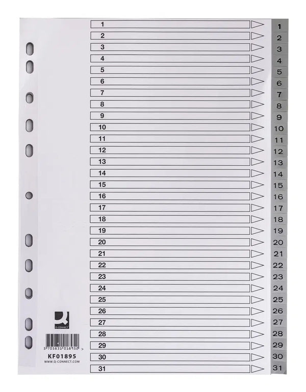 Intercalaires A4 numeriques 1-31 polypro gris