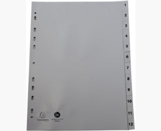 Intercalaires A4 numeriques 1-12 polypro gris