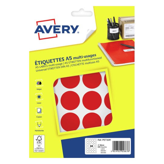 Pastille adhésive 30mm rouge-sachet de 240