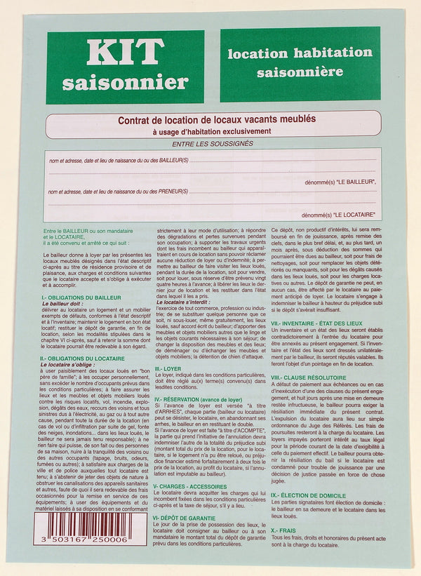 Kit de formulaires saisonniers - Contrat de location A4