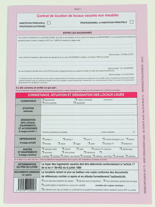 Contrat de location non meublée - conforme loi 1989