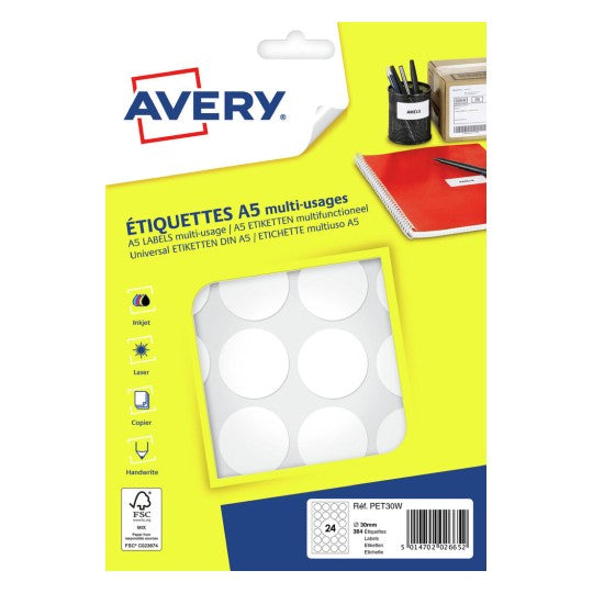Pastille adhésive 30mm -sachet de 384 -blanc