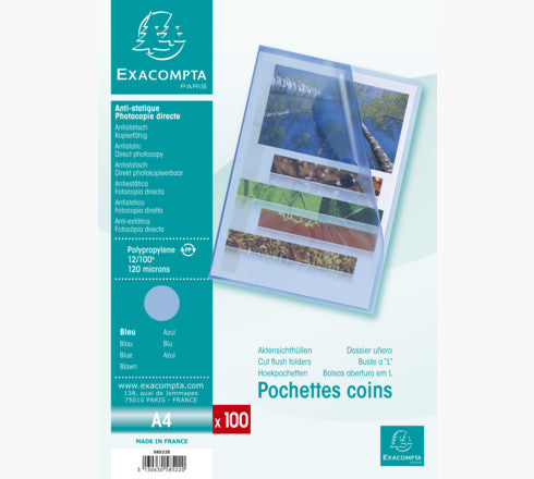 Pochette coin polypro grainée 12/100e sachet de 100-bleu