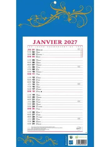 Calendrier mensuel bleu- 19x42cm
