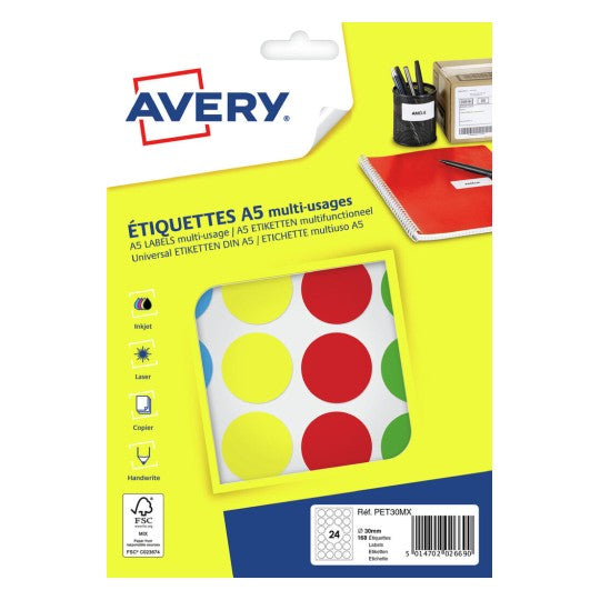 Pastille adhésive 30mm assorti -sachet de 168