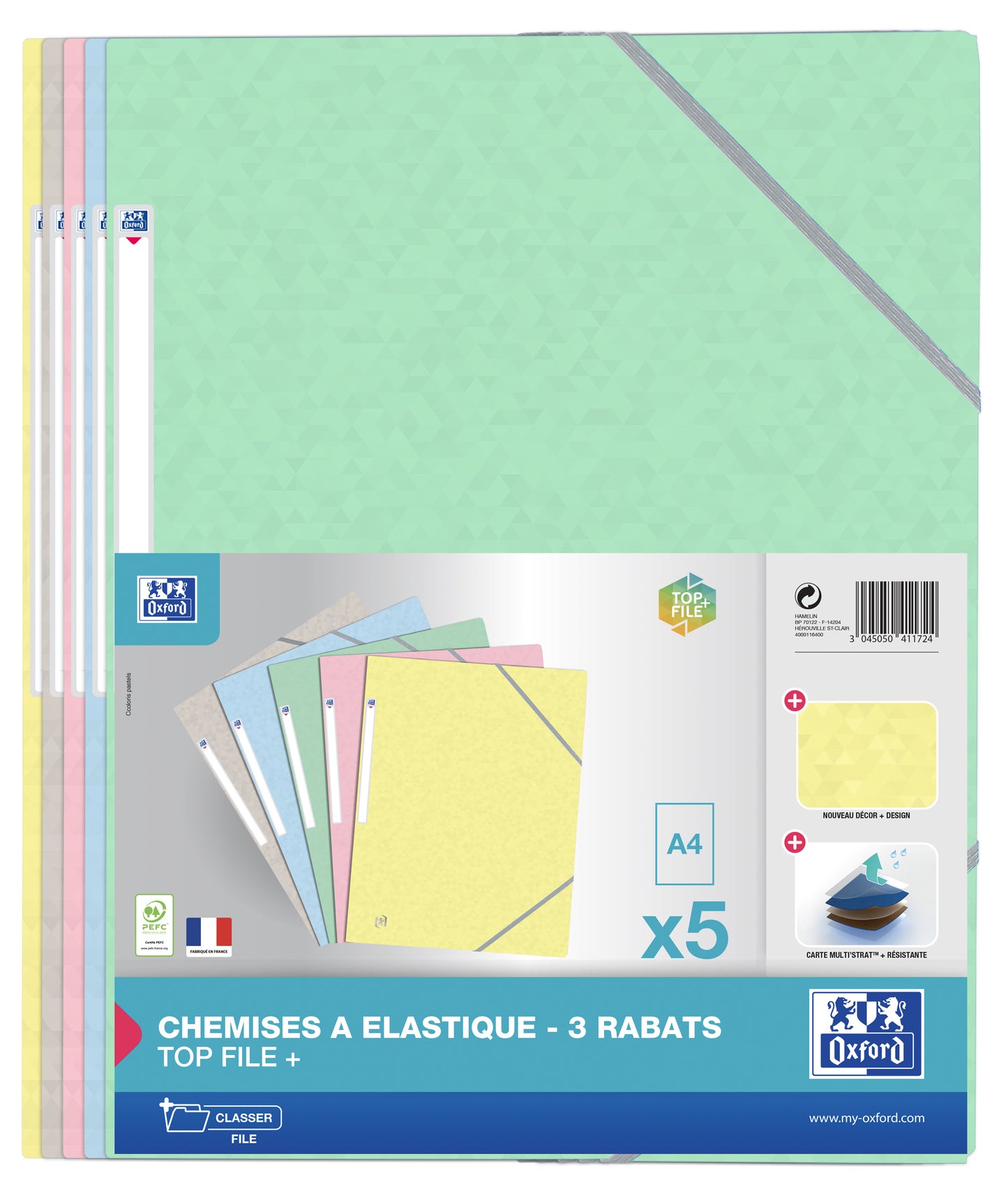 Chemise 3 rabats /élastique topfile+ p/5 pastel