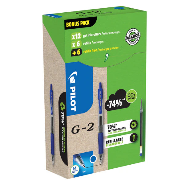 Stylo roller Pilot G2 bleu lot de 12 + 12 recharges dont 6 gratuites