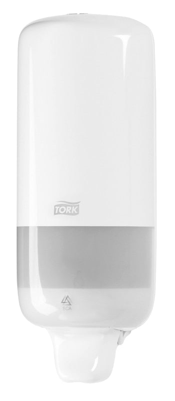 Distributeur de savon mural Tork S1 blanc - bouton poussoir pratique