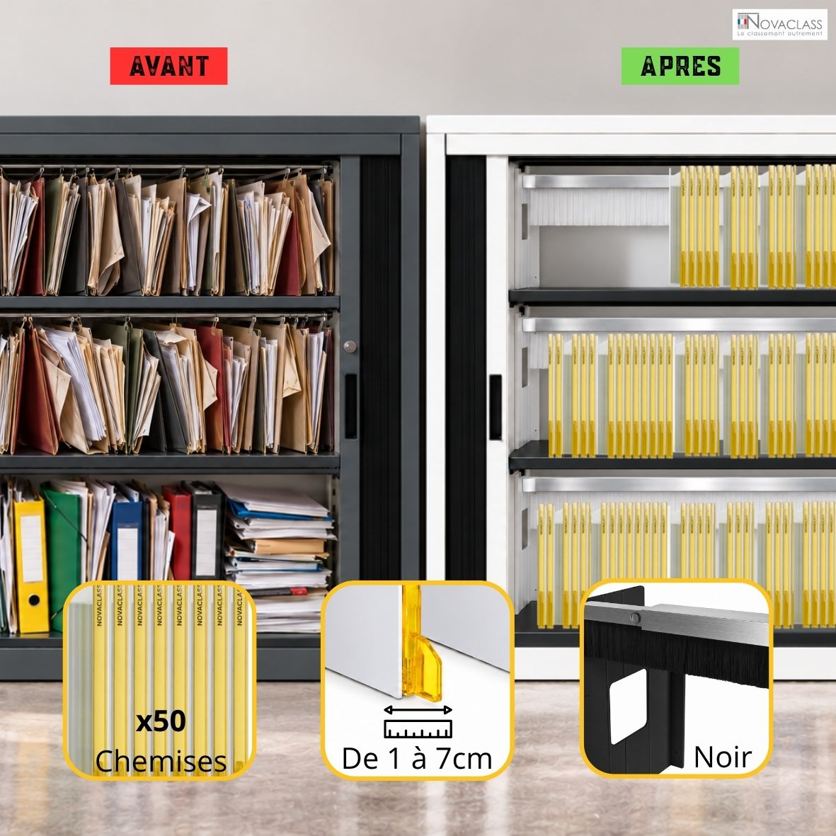 Kit de classement Novaclass - 50 chemises jaunes + système télescopique de maintien noir