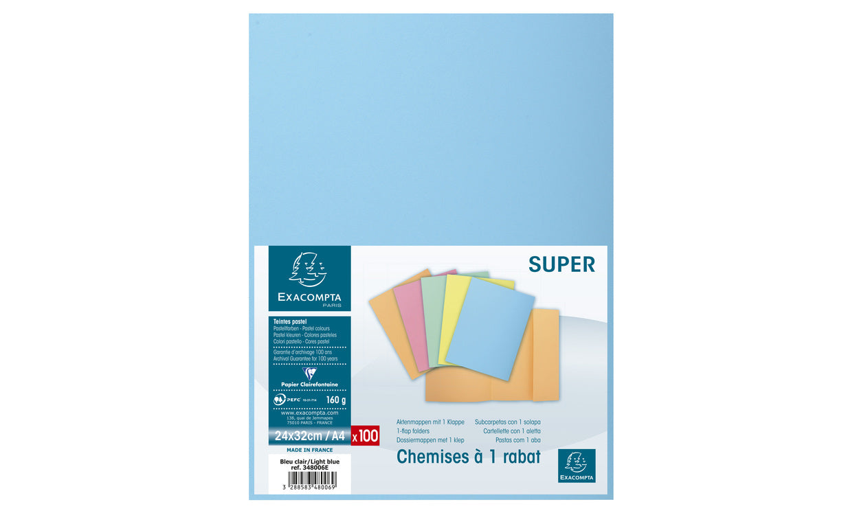 Chemise 1 rabat lateral 160g bleu -paquet de 100