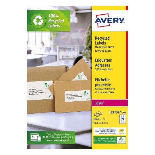 Etiquettes laser recyclée  63.5X33.9 -100feuilles 2400 étiquettes