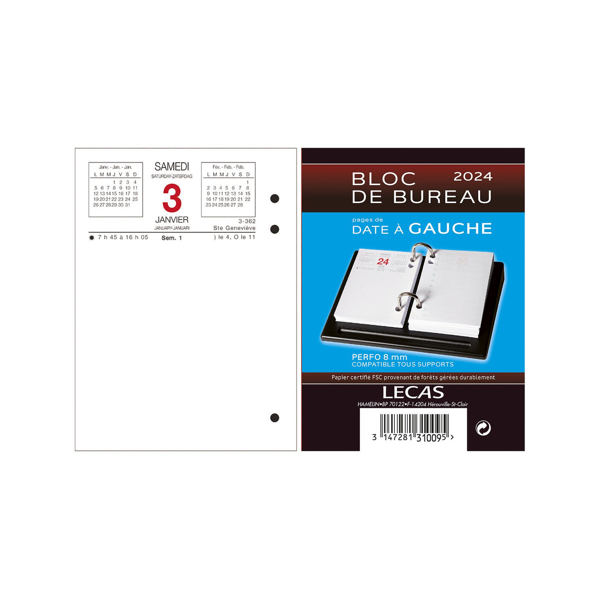 Bloc éphéméride bureau date à gauche Lecas 8,5x11,5 cm