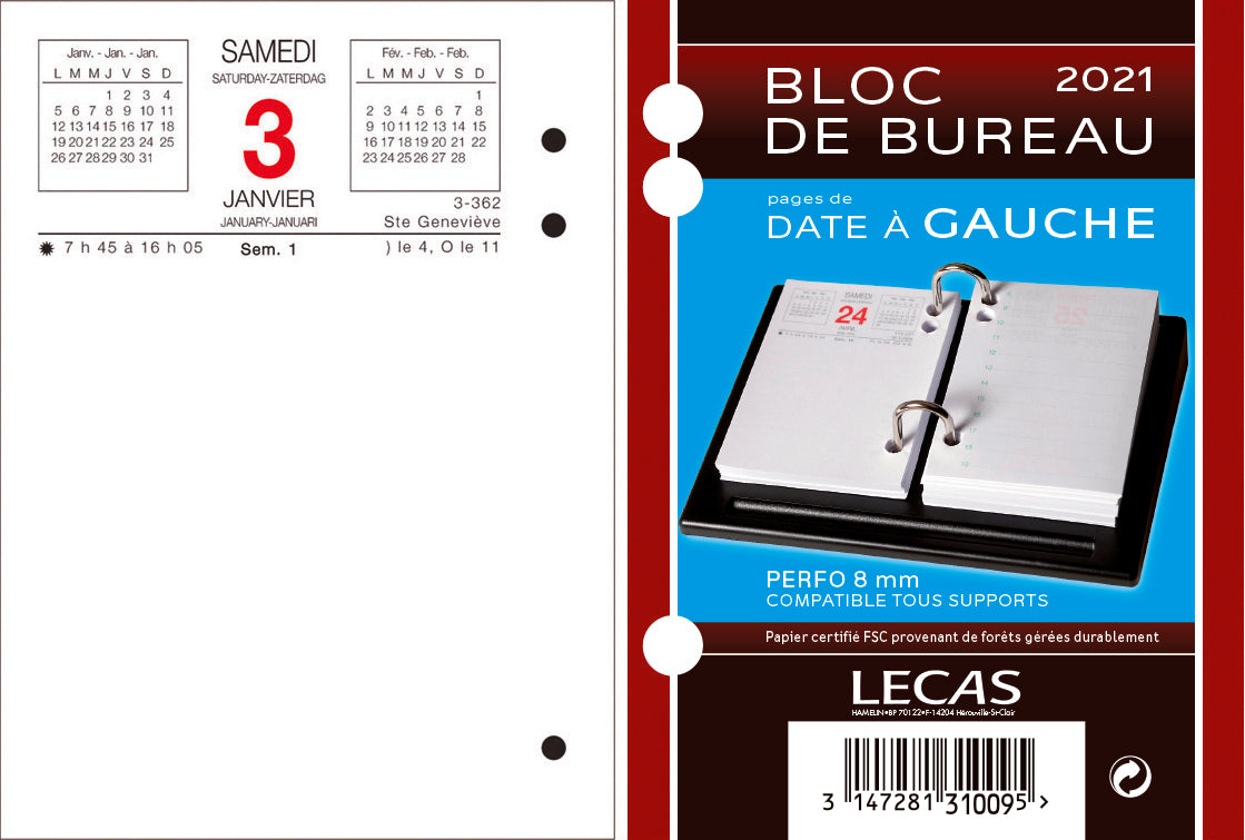 Bloc éphéméride bureau date à gauche Lecas 8,5x11,5 cm