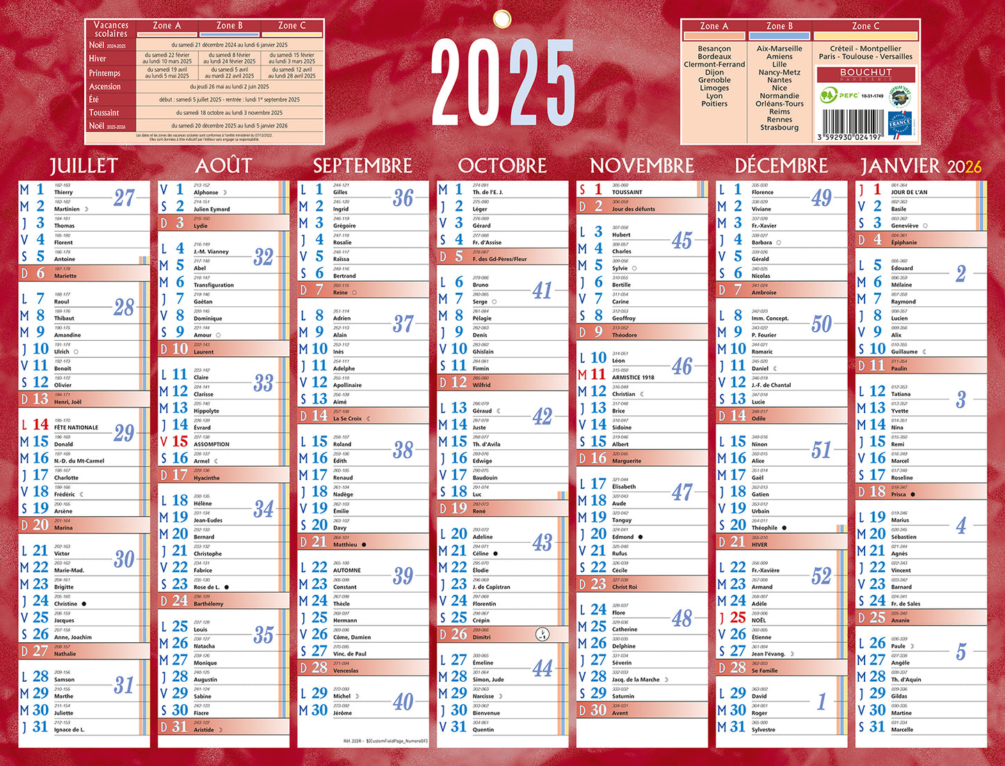 Calendrier 2x7m 32x42 rouge