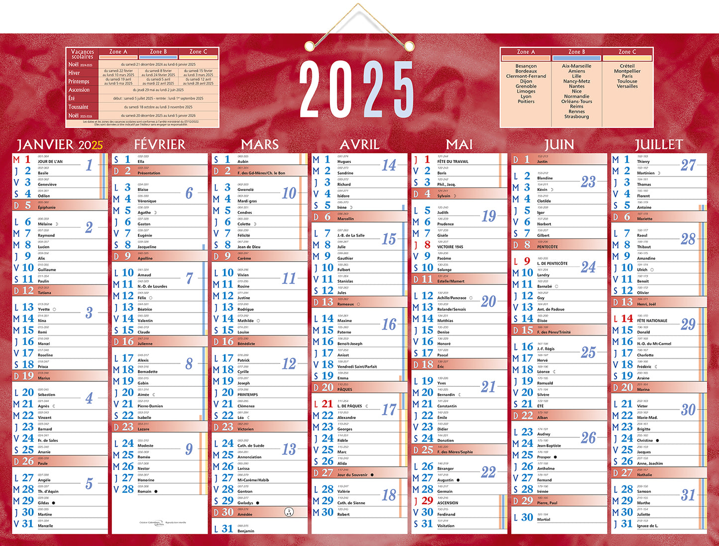 Calendrier 2x7m 38.5x54 rouge
