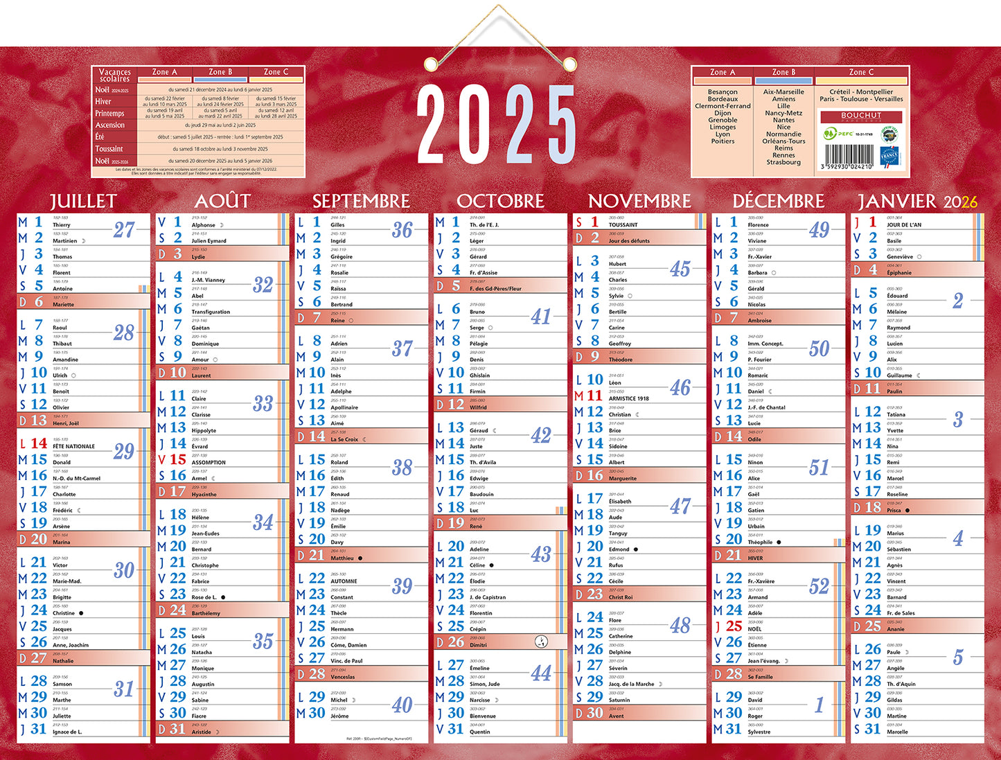 Calendrier 2x7m 38.5x54 rouge
