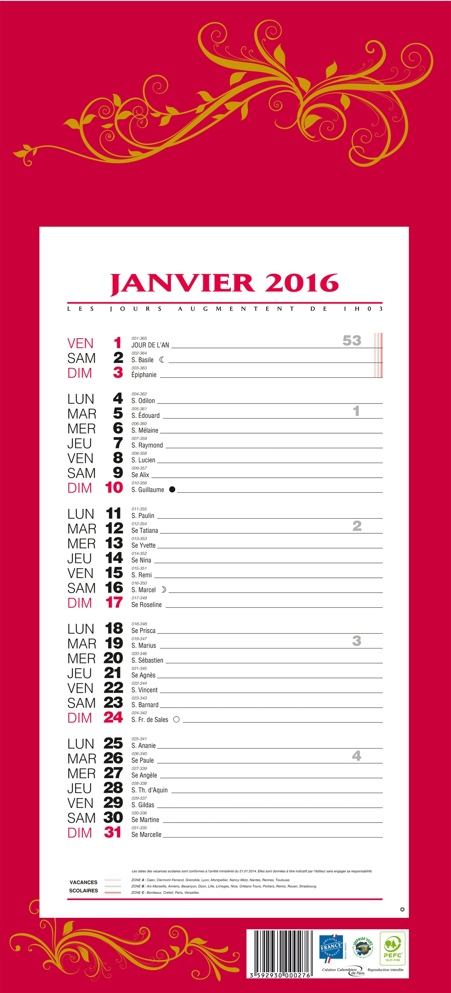 Calendrier mensuel 12f rouge19x42