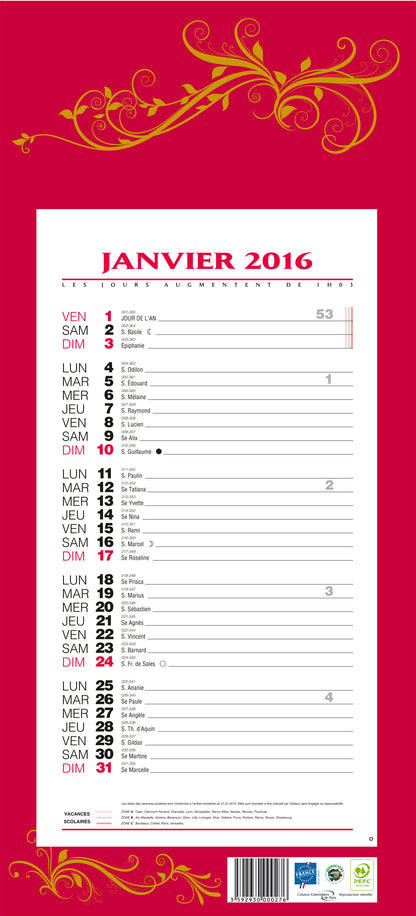 Calendrier mensuel 12f rouge19x42