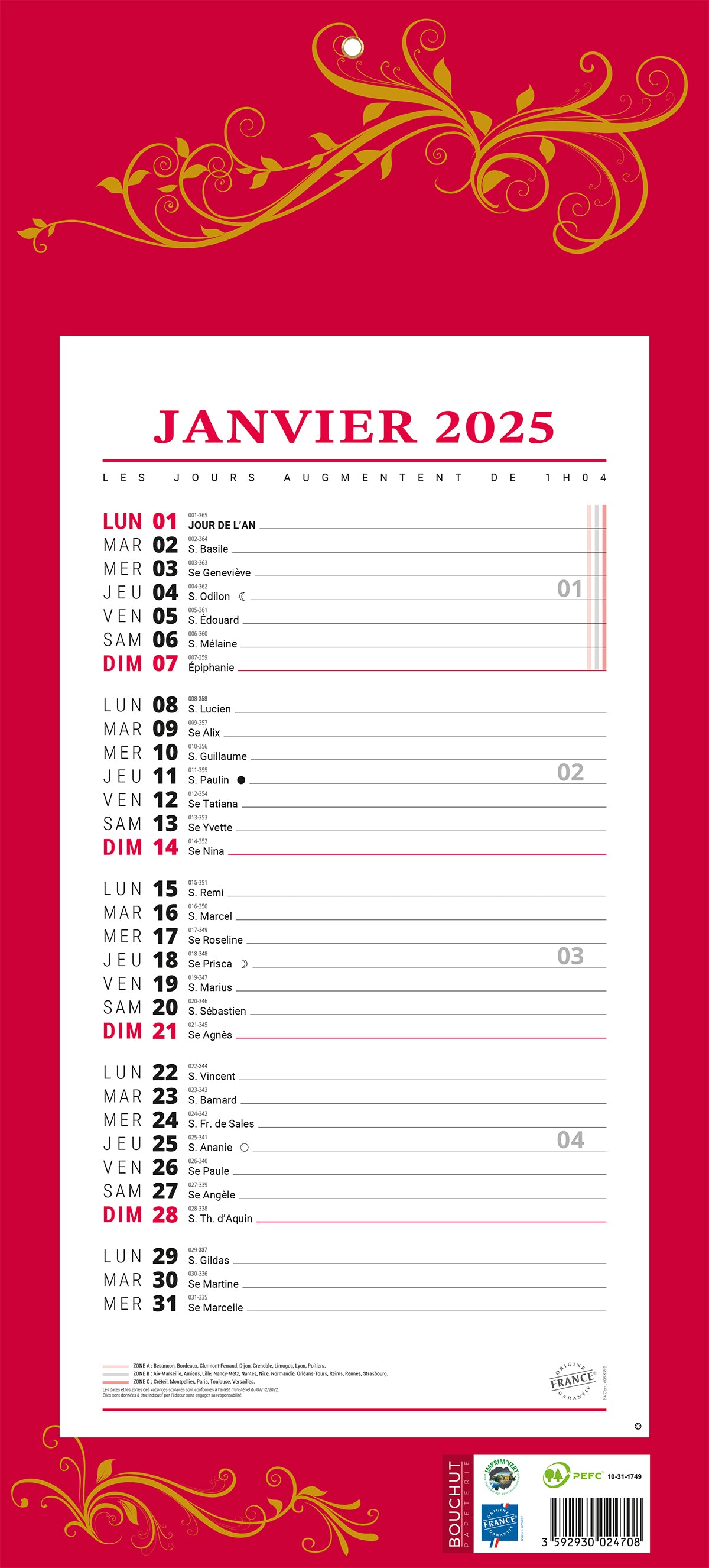 Calendrier mensuel 12f rouge19x42
