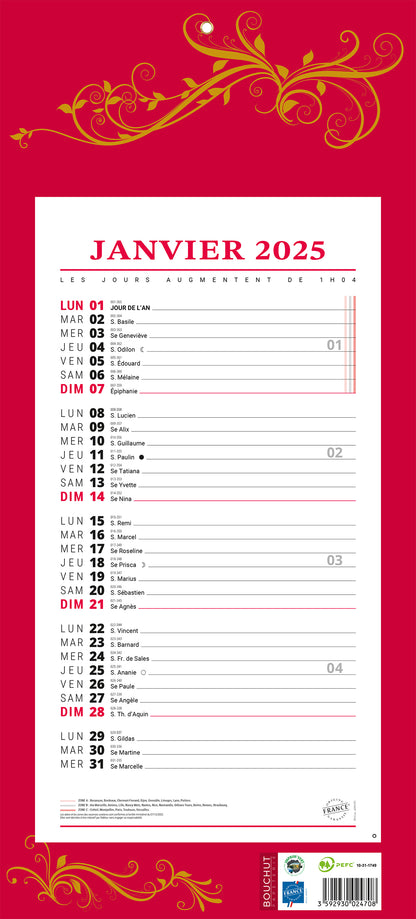 Calendrier mensuel 12f rouge19x42