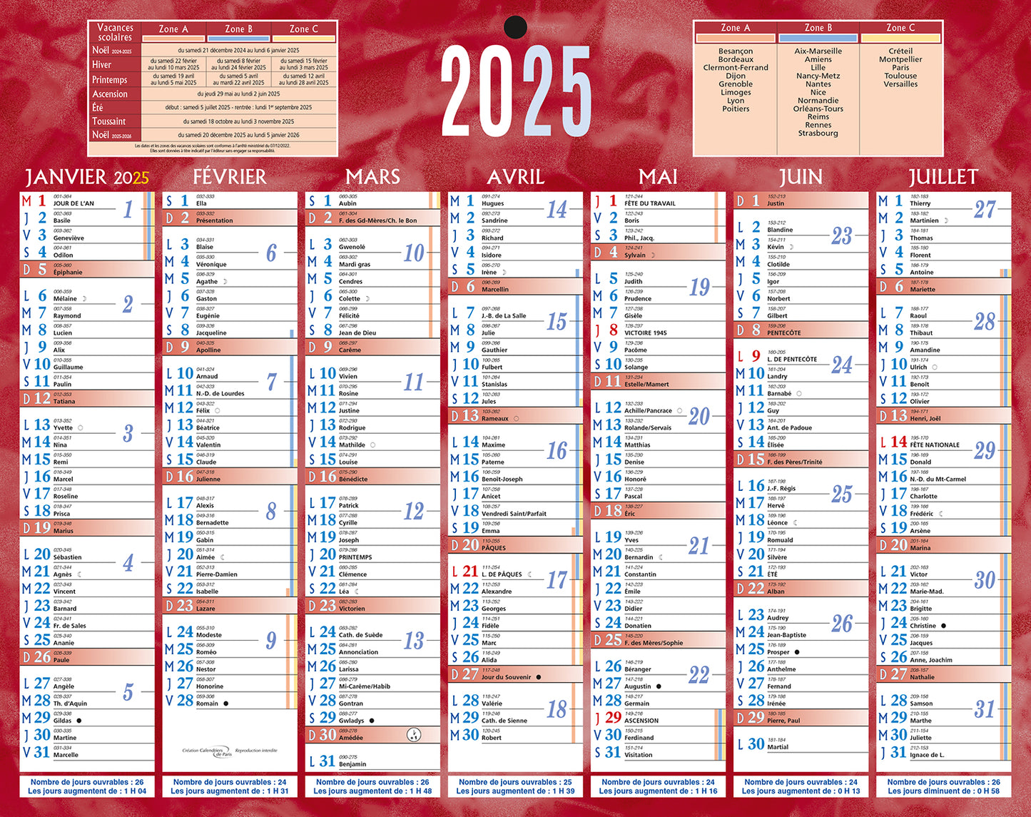Calendrier mural 21x26.5cm rouge