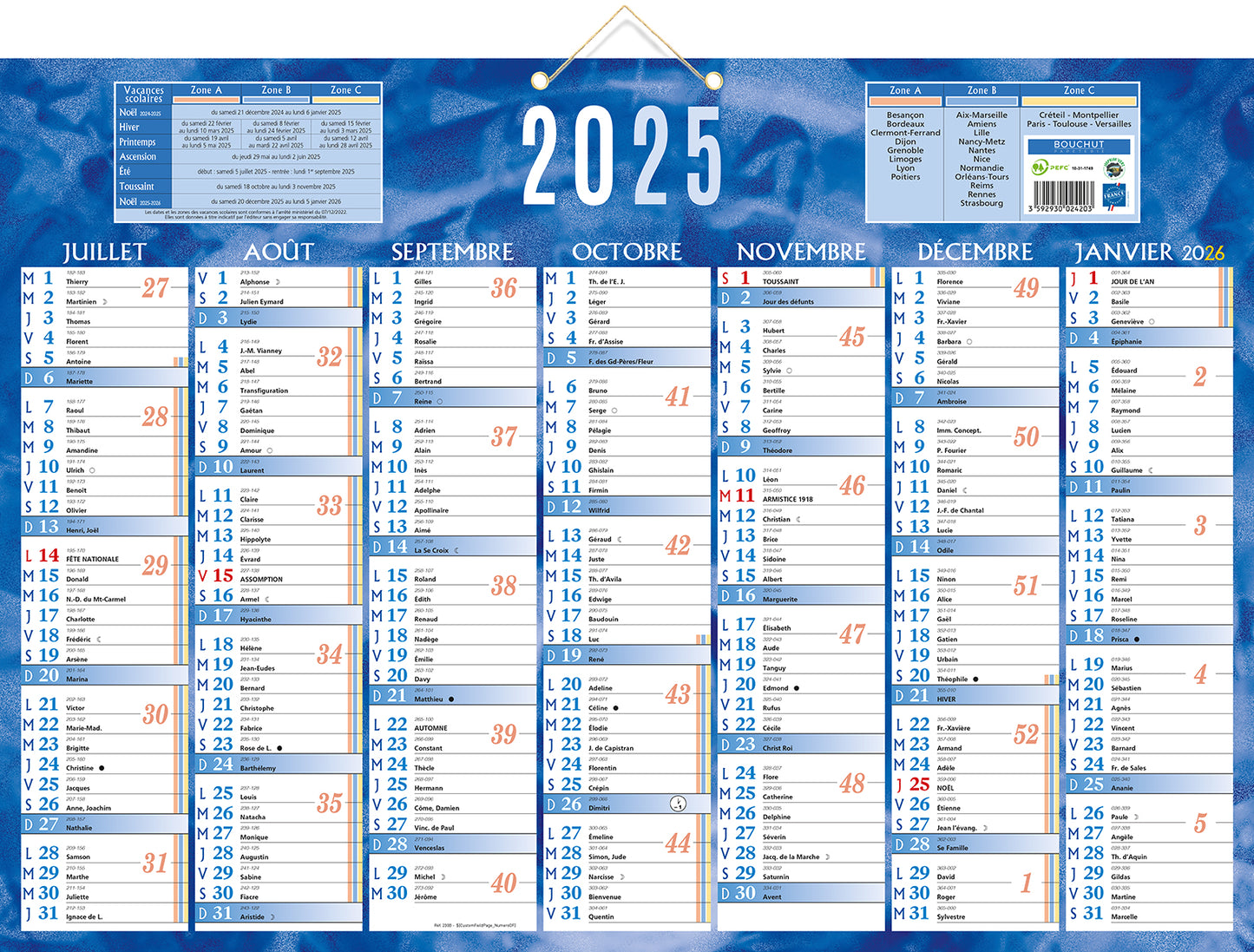 Calendrier 2x7m 38.5x54 bleu