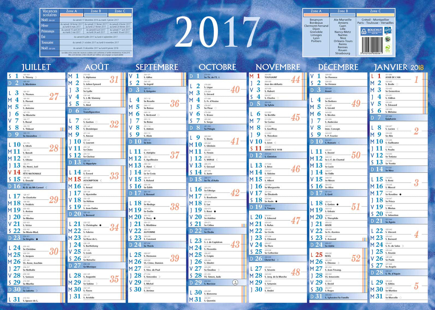 Calendrier 2x7m 38.5x54 bleu