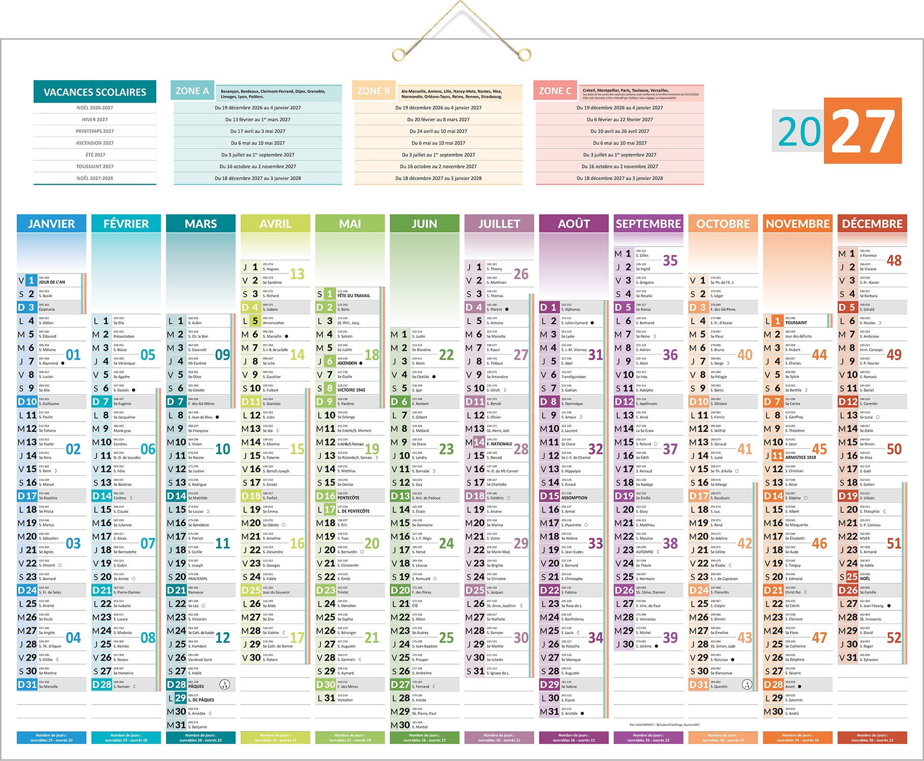 Calendrier mural 12 mois Bouchut Uni Compact 55x43cm