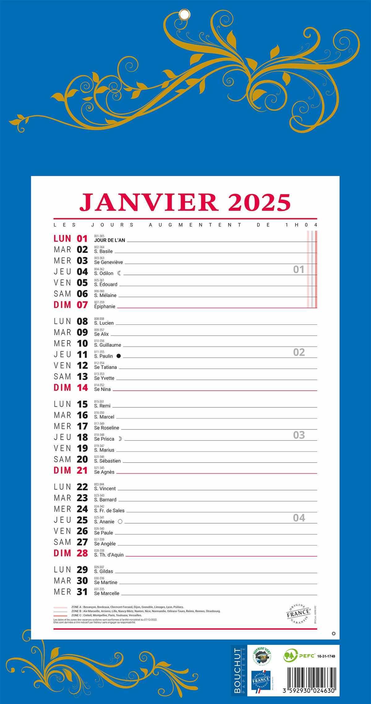 BLOC MENSUEL 12F 19X36 BLEU