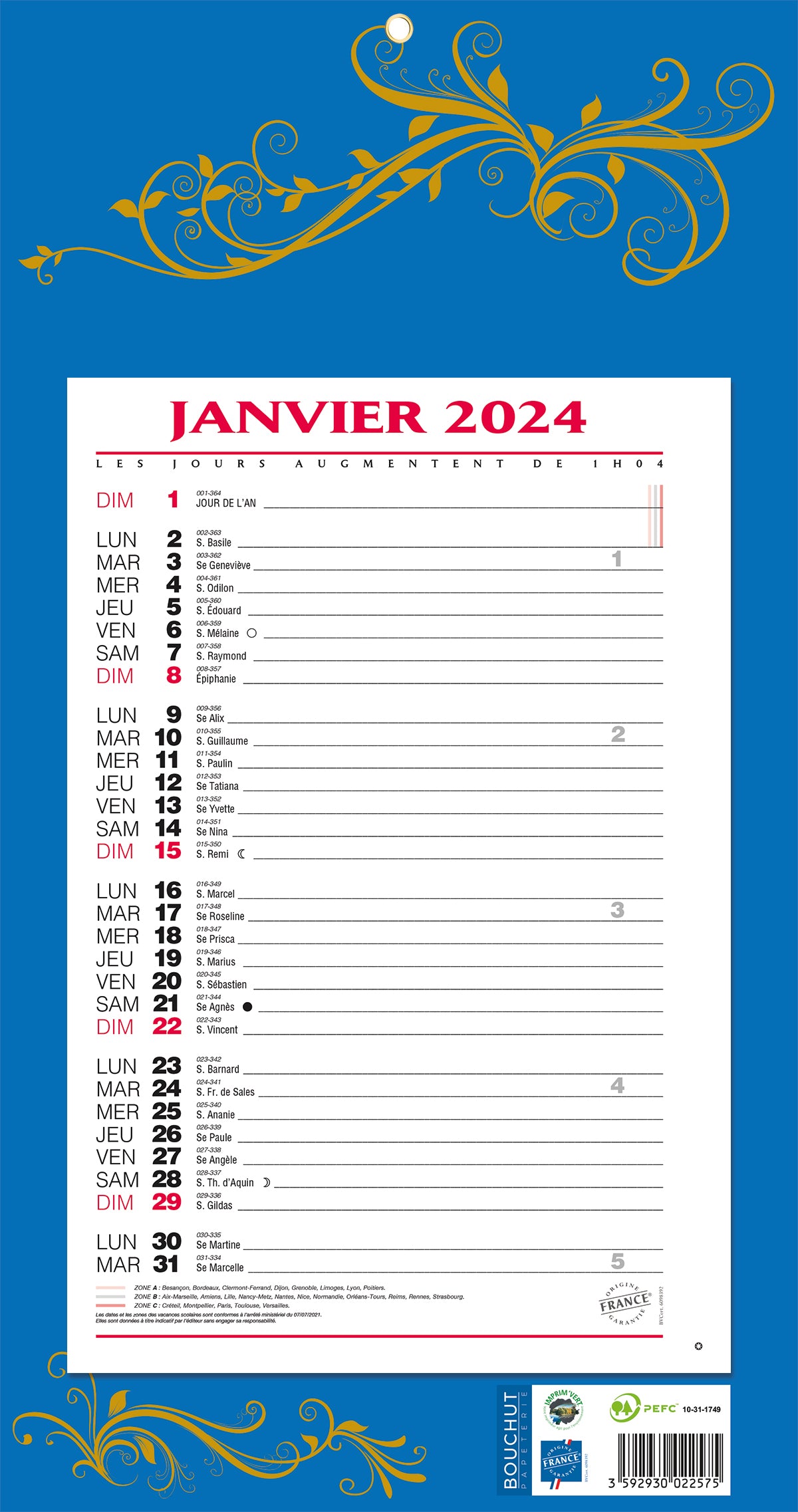 BLOC MENSUEL 12F 19X36 BLEU