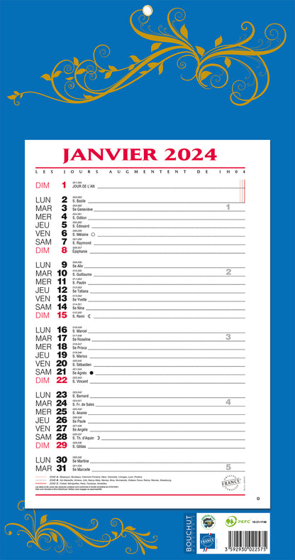BLOC MENSUEL 12F 19X36 BLEU
