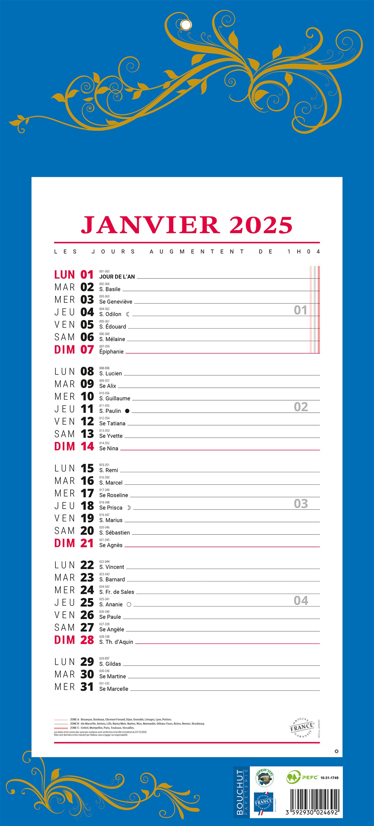 Calendrier mensuel 12f bleu19x42