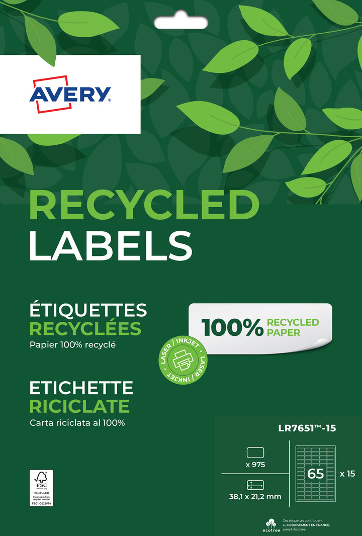 Etiquette recyclé 38.1x21.2 - 15feuilles -975 etiquettes