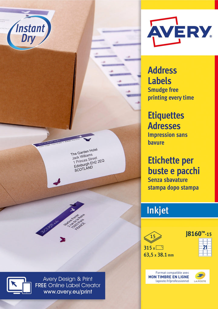 Etiquette jet d'encre 63.5x38.1 -15feuilles - 315 etiquettes