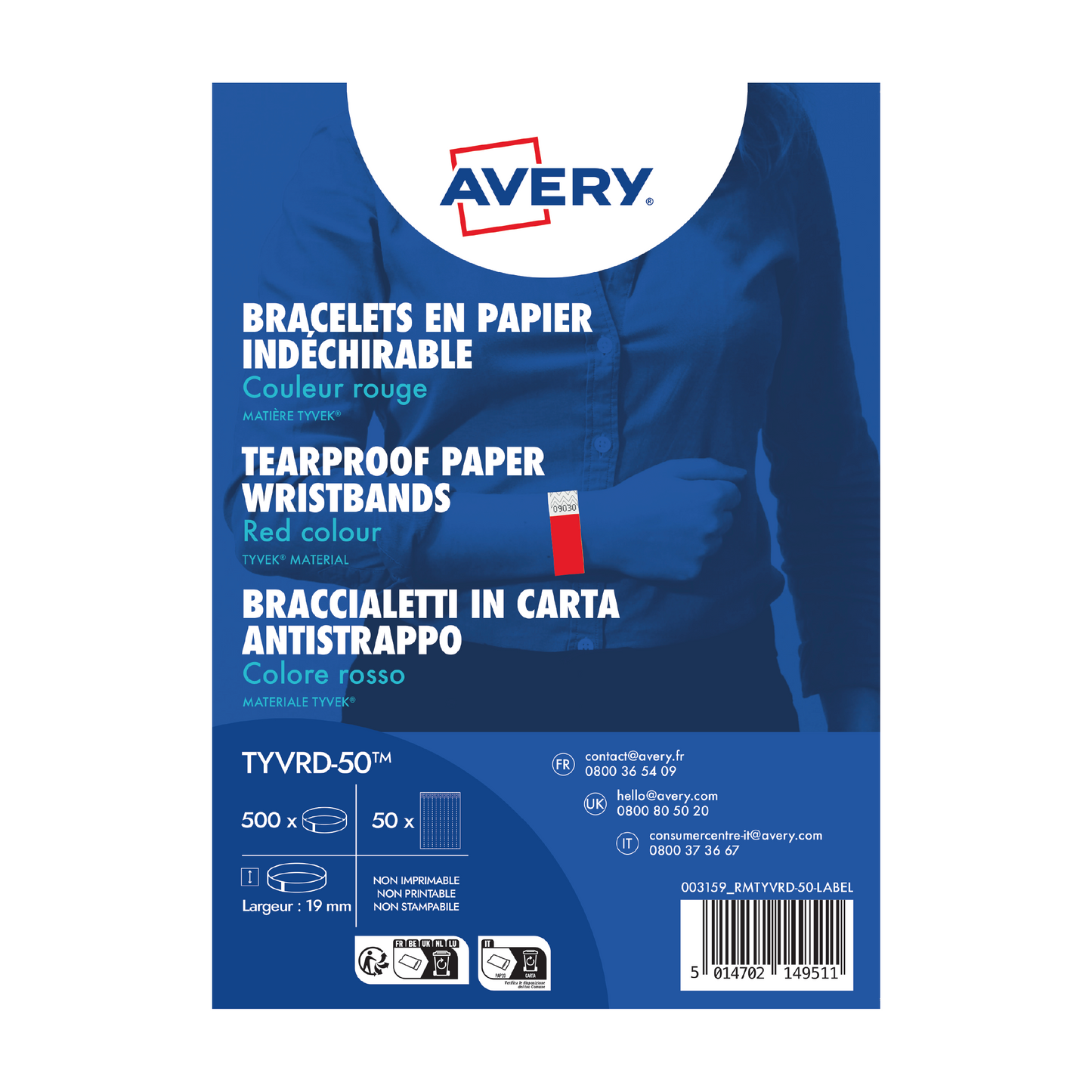 Bracelets d'identification Tyvek 256x19mm - Lot de 500