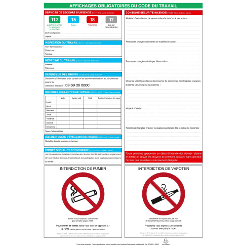 Panneau affichages obligatoires code du travail  -40x60cm